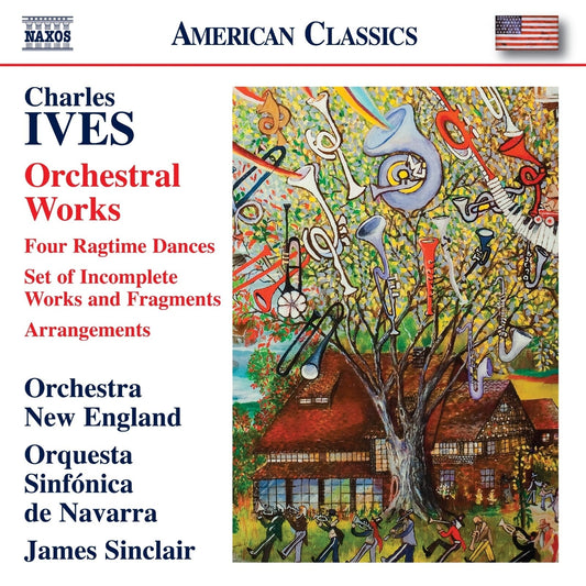 CD cover for Charles Ives’ Orchestral Works featuring colorful, abstract art.