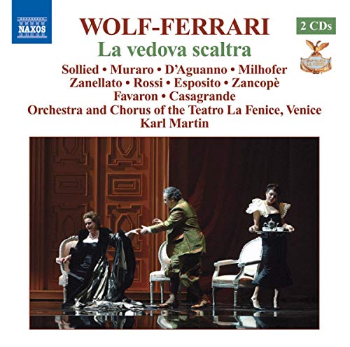 CD cover for Wolf-Ferrari’s "La Vedova Scaltra" opera, stage scene depicted.