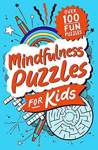 Book cover with colorful title "Mindfulness Puzzles for Kids" and puzzle imagery.