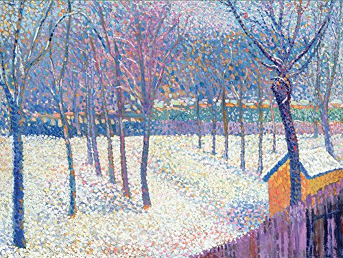 Pointillist painting of snow-covered orchard with trees and a small building.