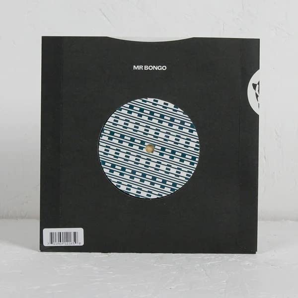 BlackCuts-out black vinyl sleeve showing a blue and white patterned record center label.
