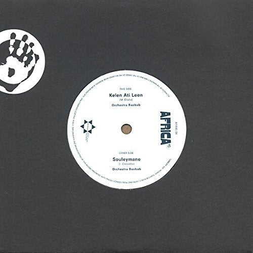 White vinyl record label with black text: Orchestra Baobab - Souleymane/Kelen Ati Leen.