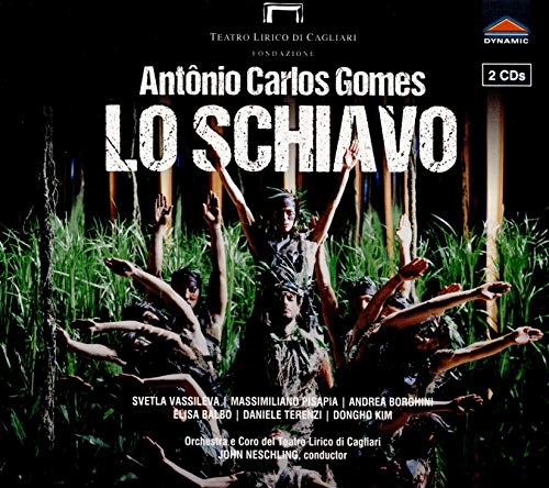 CD cover for Lo Schiavo by Antônio Carlos Gomes featuring performers in a jungle setting.