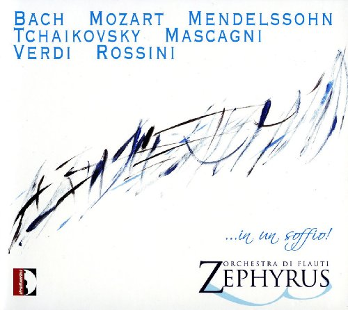 "Album cover with abstract blue and black strokes, white background, and composer names listed."