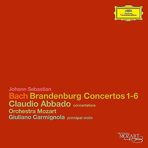 Red album cover with text: Bach Brandenburg Concertos 1-6, Abbado, Carmignola.