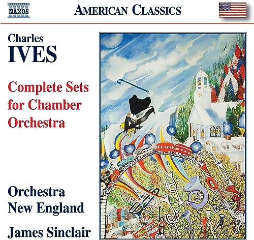 CD cover for Charles Ives’ chamber orchestra music, featuring a piano and church.