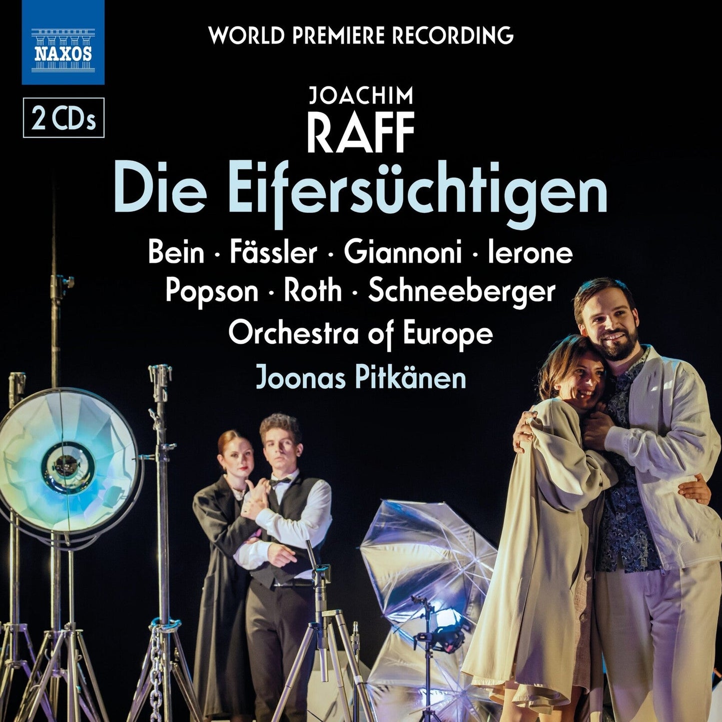 Album cover for Joachim Raff's Die Eifersüchtigen featuring actors on stage with studio lighting equipment.