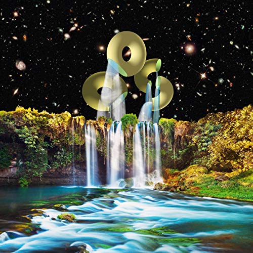 Album cover with waterfalls, rings, and a starry night sky.