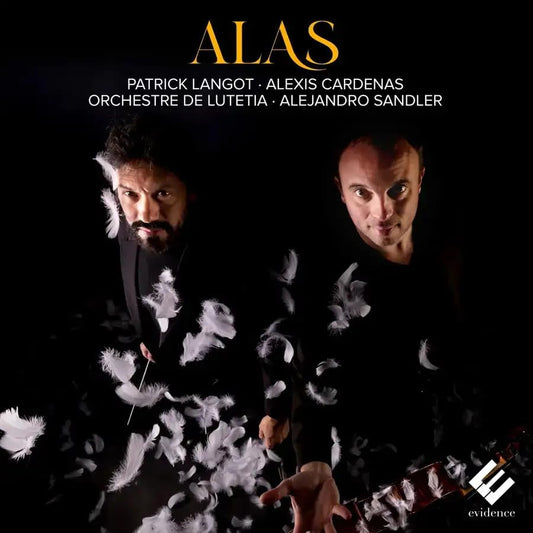 CD cover with two men and falling white feathers on black.