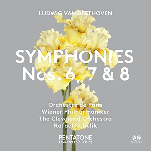 A grey album cover featuring three yellow flowers and white text about Beethoven's symphonies.