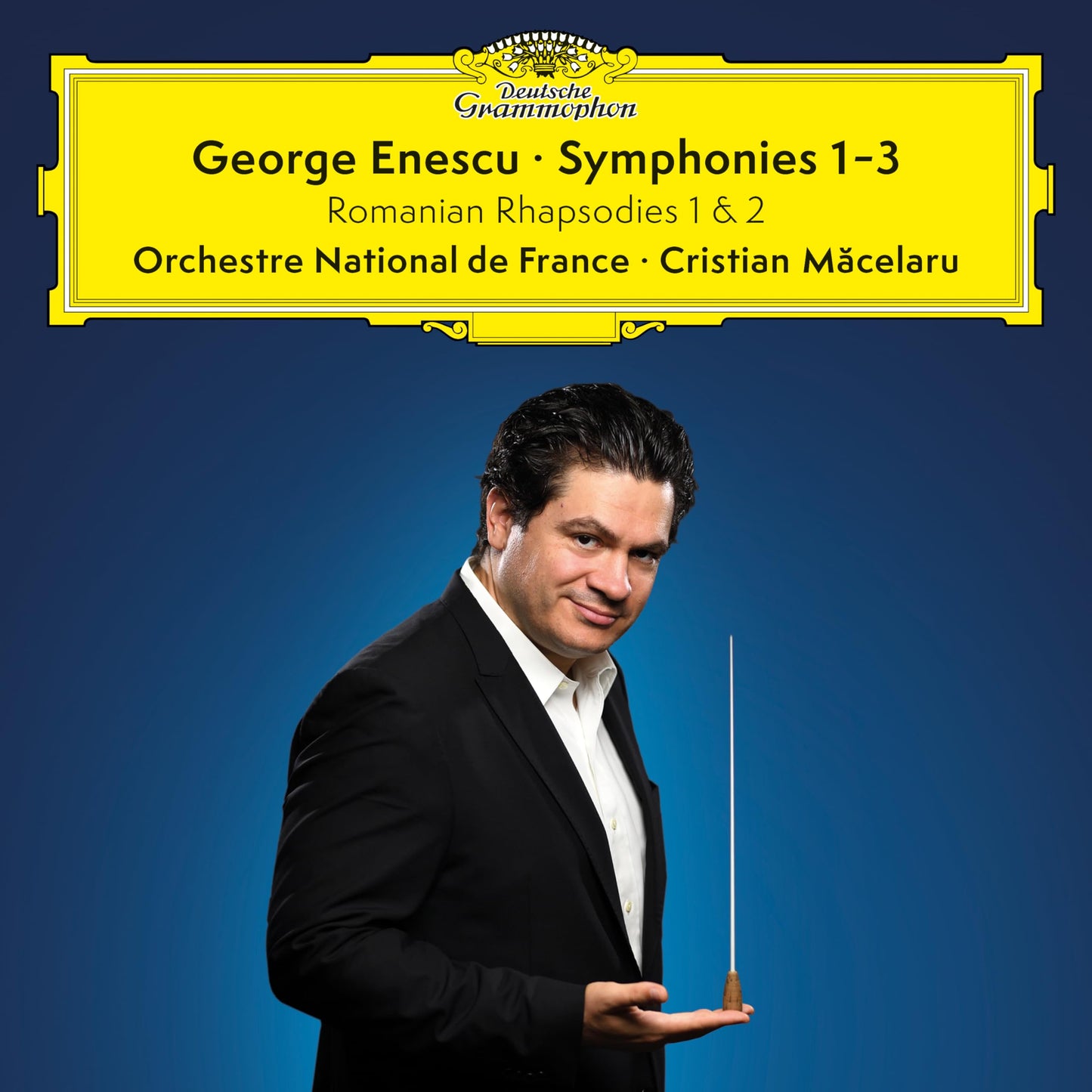 CD cover featuring conductor Cristian Măcelaru and text: Enescu Symphonies 1-3.