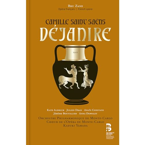 CD cover for Camille Saint-Saëns' Déjanire featuring a classical Greek vase illustration on orange.