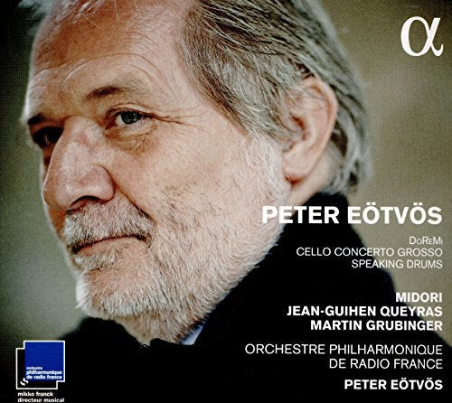 Close-up portrait of composer Peter Eötvös with album details overlaid.