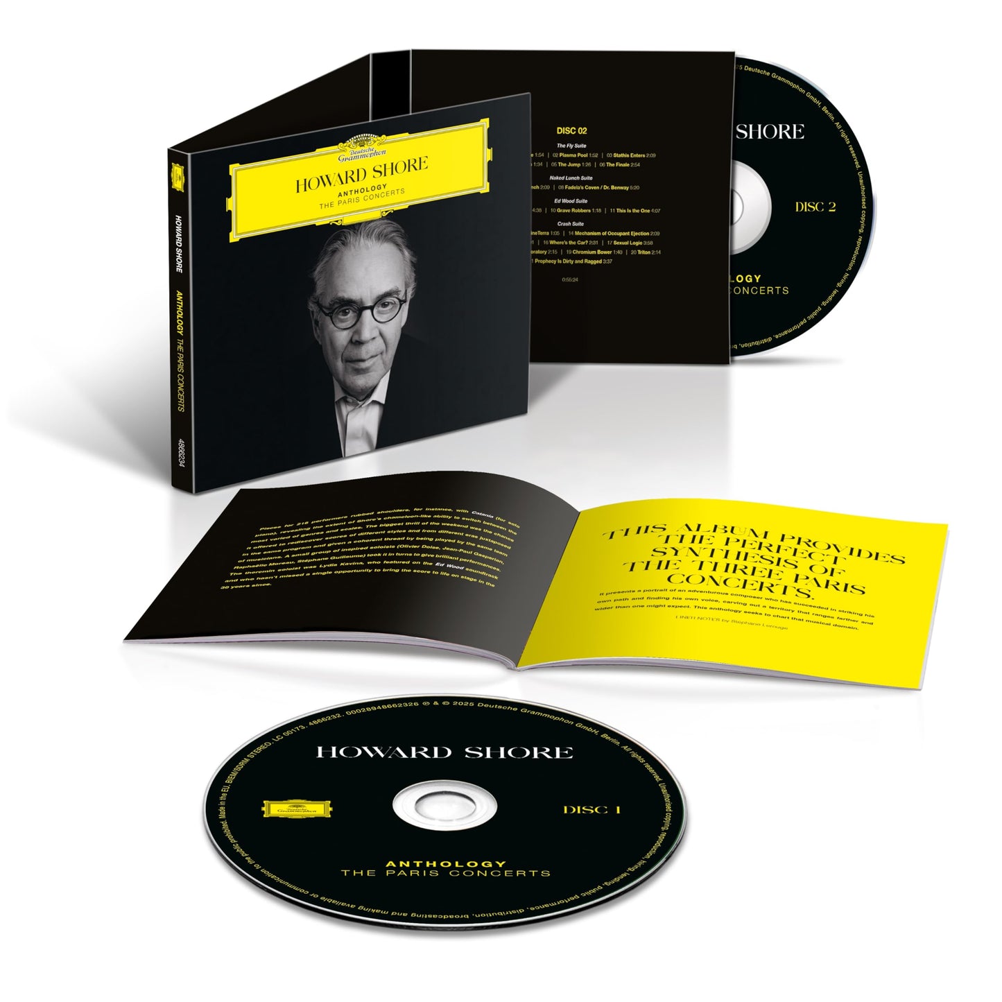 CD case for “Howard Shore: Anthology – The Paris Concerts” with composer portrait.