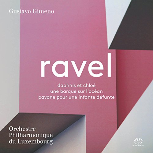 "CD cover with pink, white, and black geometric shapes, featuring Ravel's name prominently."