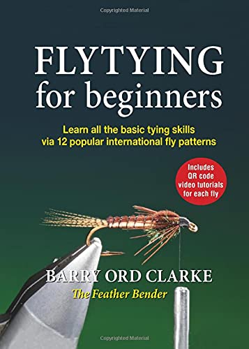Book cover titled Flytying for beginners featuring a fishing fly in a metal vise.