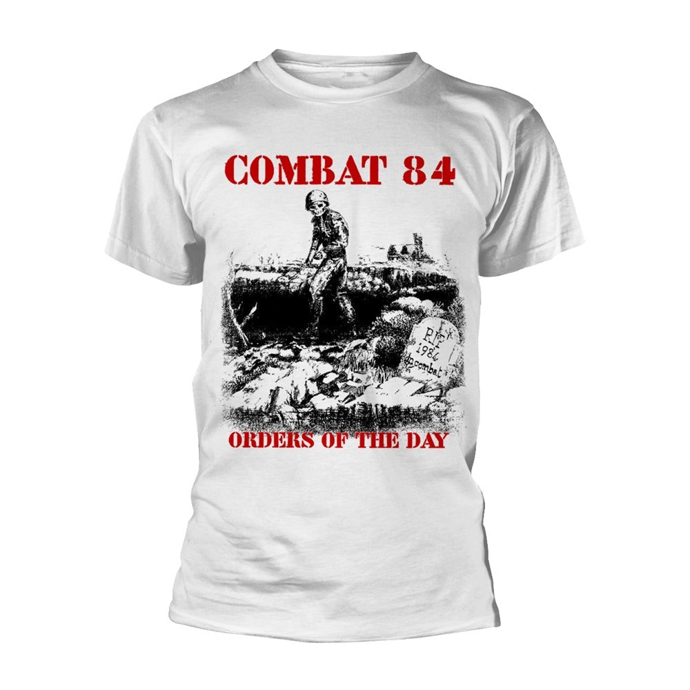 White t-shirt with skull, battlefield illustration, and text "ORDERS OF THE DAY".