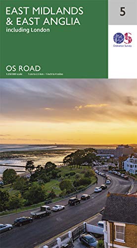 Road map of East Midlands & East Anglia, including London, with coastal view.
