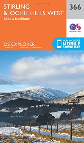 OS Explorer Map 366: Stirling & Ochil Hills West, with snowy landscape.