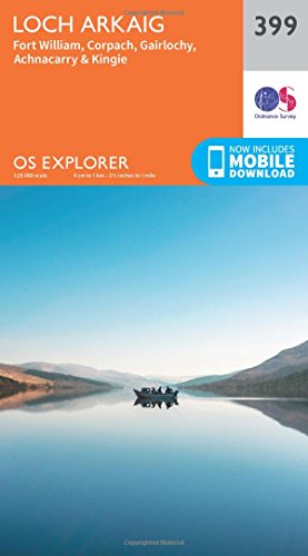Orange and blue Ordnance Survey Explorer map of Loch Arkaig area.
