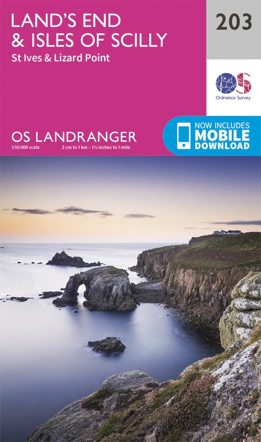 Ordnance Survey Landranger map cover showing the rocky coastline of Land's End at sunset.