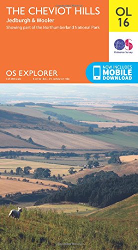 Ordnance Survey Explorer map OL16 of The Cheviot Hills featuring a landscape photograph.
