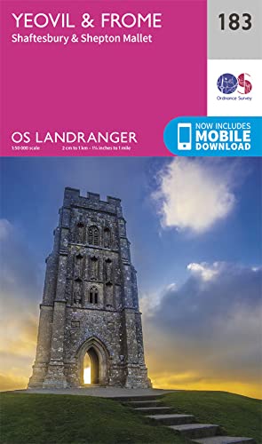 Ordnance Survey Landranger map 183 cover featuring a stone tower against a sunset sky.