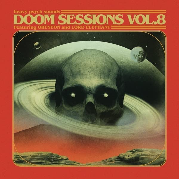 Album cover featuring a large skull floating in space with rings against red background.
