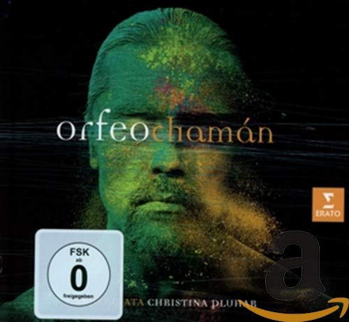 "CD cover with a painted face, green and yellow hues, titled 'Orfeo Chaman' by Christina Pluhar."