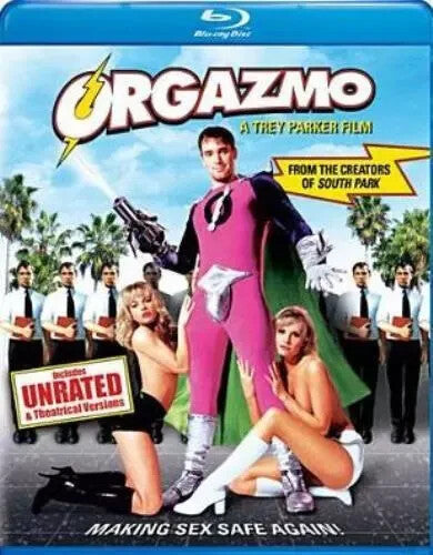 Orgazmo" Blu-ray cover featuring a superhero and two women kneeling.