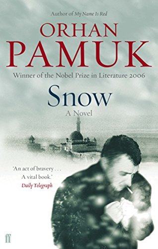 Book cover of Snow by Orhan Pamuk featuring a man lighting a cigarette in snow.