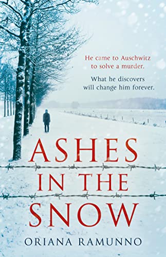 Book cover: snowy landscape, lone figure, barbed wire, red title “Ashes in the Snow”.