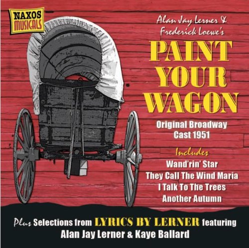 "CD cover with a covered wagon on red wooden background, yellow and white text."