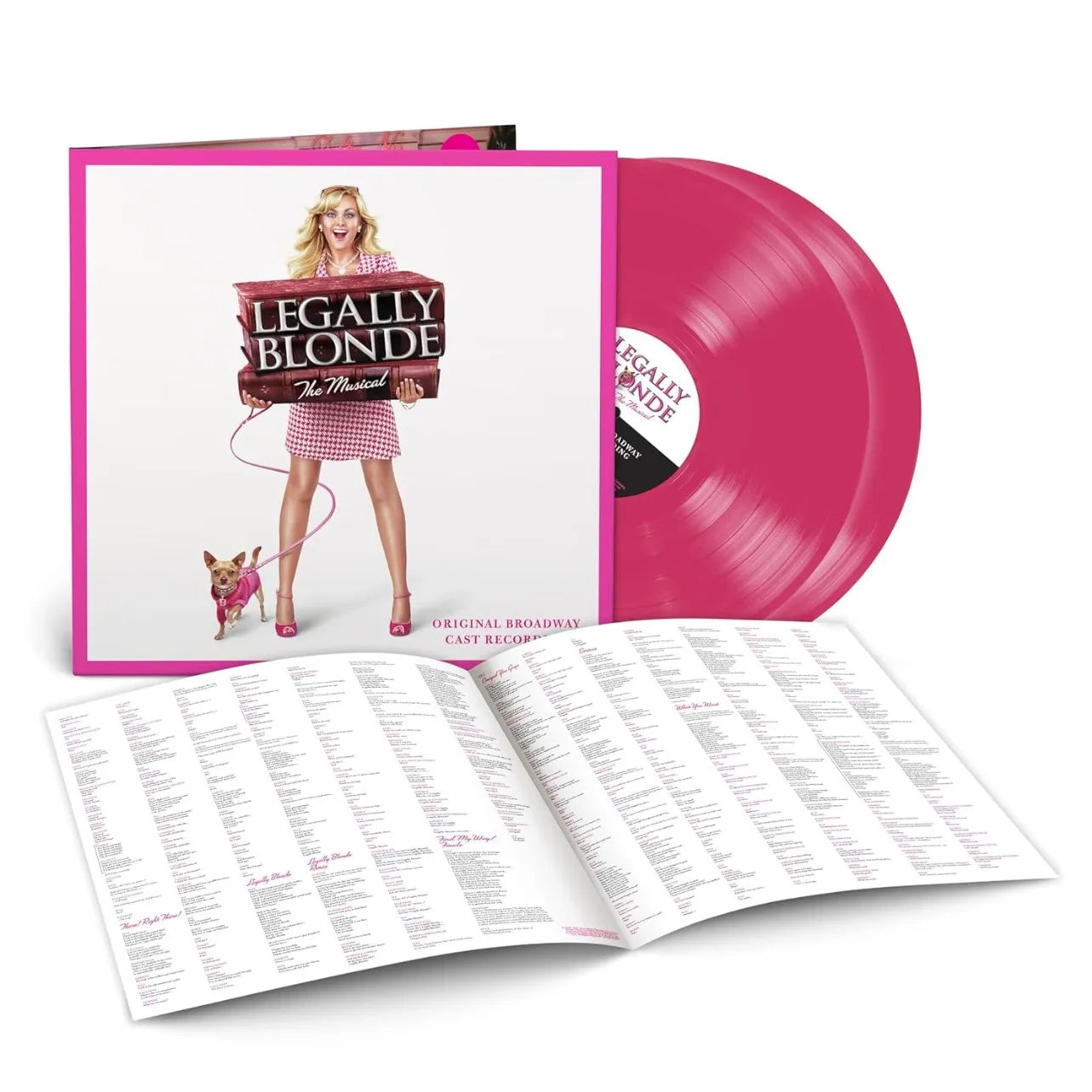 Pink vinyl record of “Legally Blonde: The Musical” with album cover and lyric sheet.