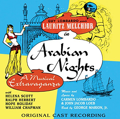 "Album cover for 'Arabian Nights' with belly dancer and genie illustrations, blue and yellow background."