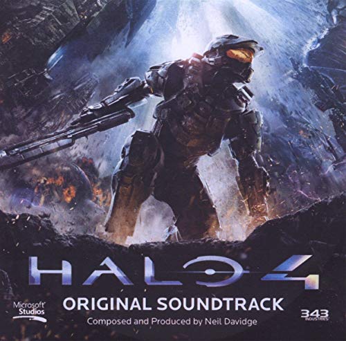 Master Chief stands in a battle scene on the Halo 4 original soundtrack CD cover.