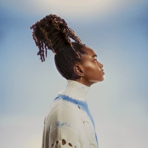 Profile of a woman with locs, wearing a blue and white sweater.