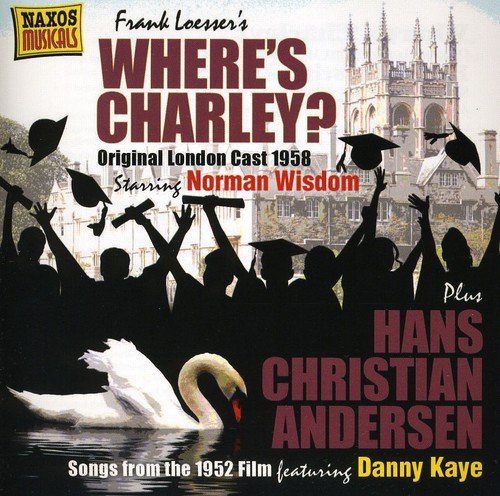 "CD cover for 'Where's Charley' with silhouetted graduates, a swan, and a cathedral in background."