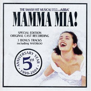 “Mamma Mia!” CD cover featuring a smiling woman in a white dress.
