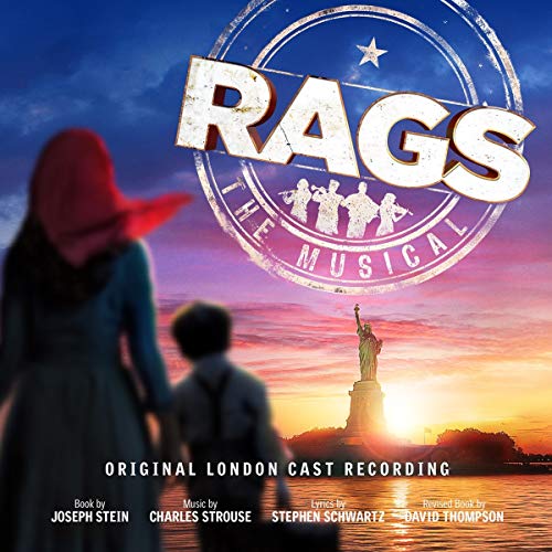 "CD cover for 'Rags: The Musical' with silhouette of Statue of Liberty at sunset."