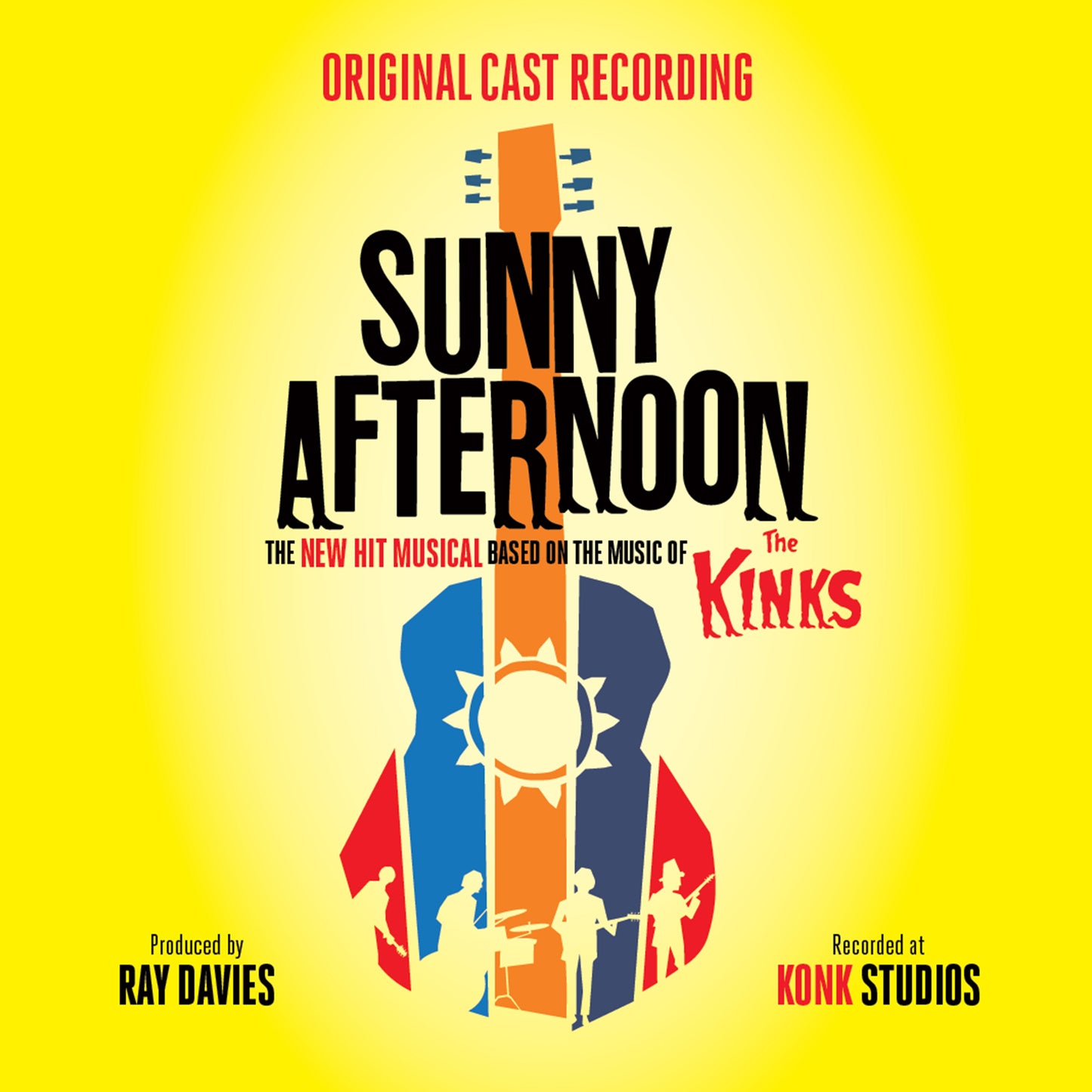 Yellow CD cover for “Sunny Afternoon” musical, featuring a guitar silhouette.
