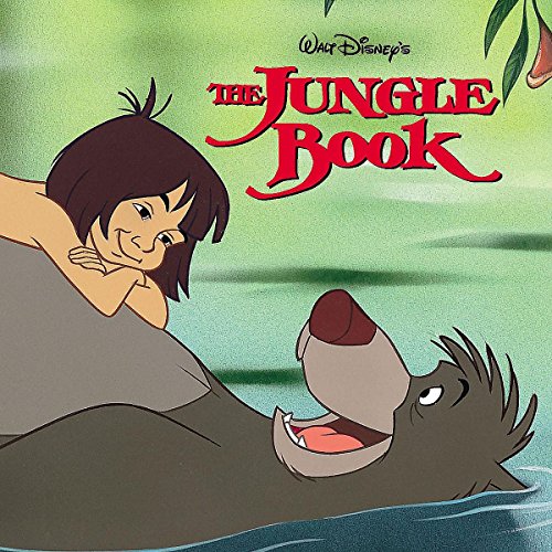 Mowgli rests on a rock while Baloo the bear swims in the water below.