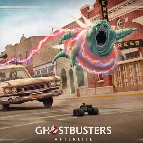 A green ghost flies above a street near a car and a small vehicle.