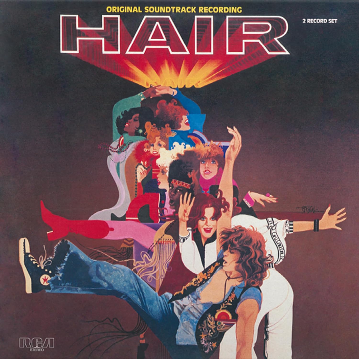 “Hair” soundtrack album cover with illustrated group of people in motion.