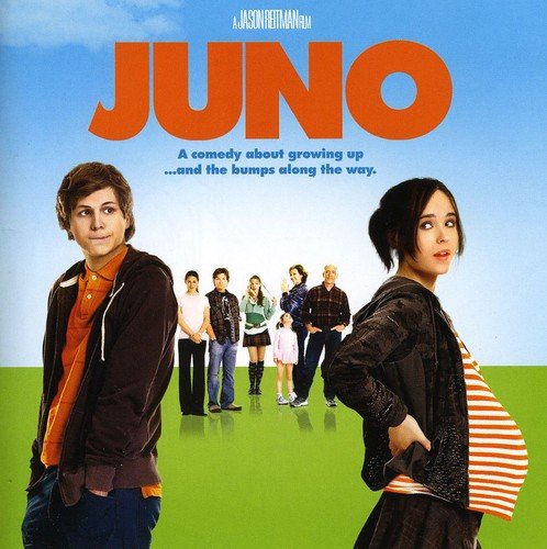 Juno" soundtrack CD cover featuring film characters against a bright green and blue background.
