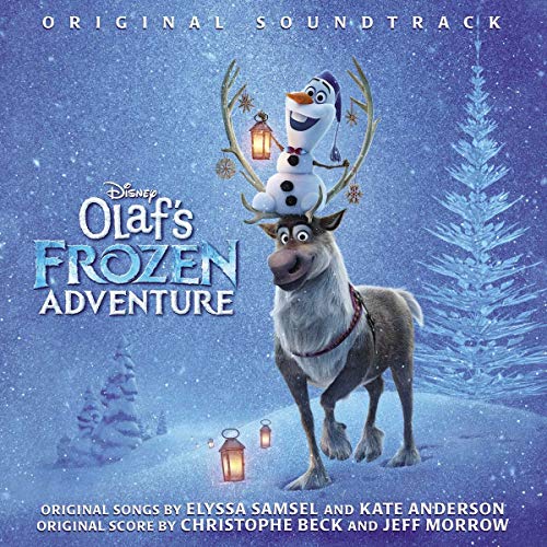 Olaf the snowman sits on Sven the reindeer's antlers against a snowy blue background.