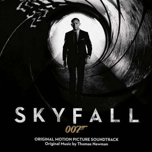 James Bond stands in a gun barrel silhouette on the Skyfall soundtrack vinyl cover.
