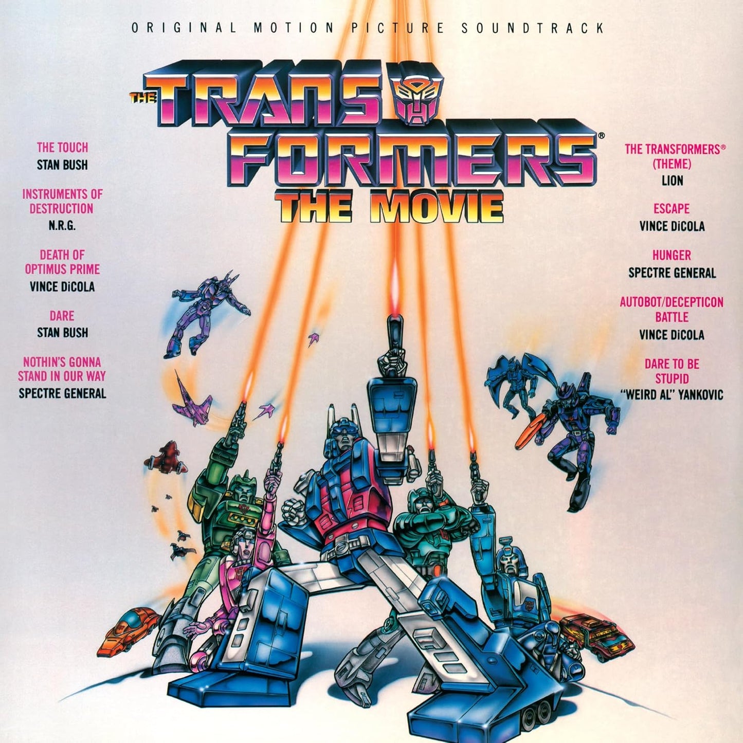 “Transformers: The Movie” soundtrack vinyl record cover with robots and text.