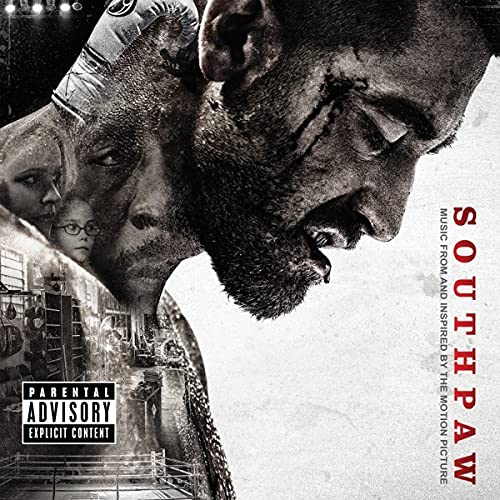 “Southpaw” soundtrack CD cover featuring a bruised boxer and a young girl.