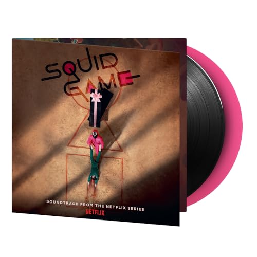 Squid Game soundtrack vinyl record with cover art and a pink-colored disc.